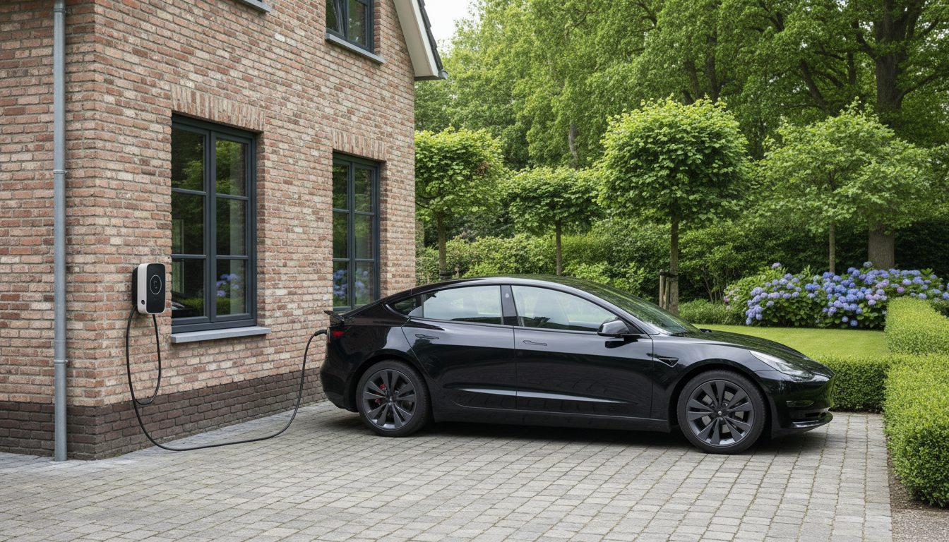 laadpaal installatie bij bakstenen woning in Flandre in de winter